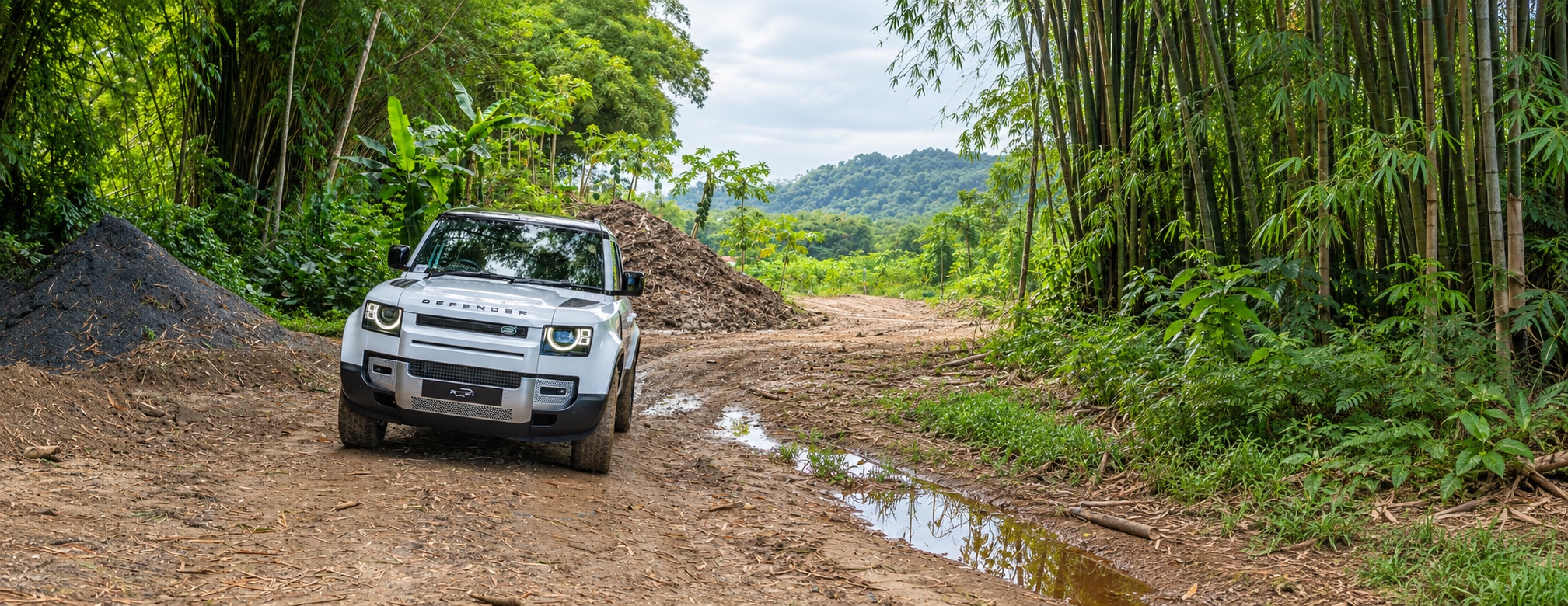 Land Rover Defender on a local trail surrounded by tropical greenery